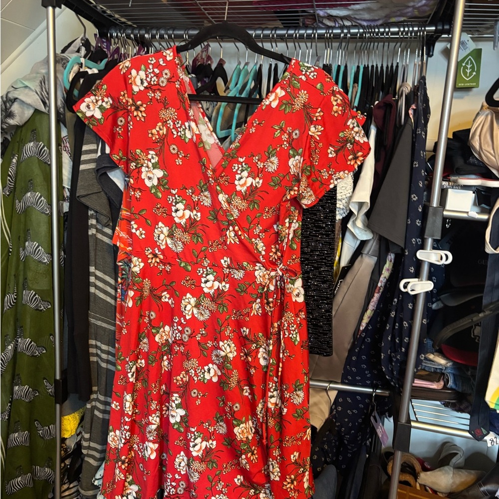 Kaileigh Vibrant Red Floral Midi Wrap Dress